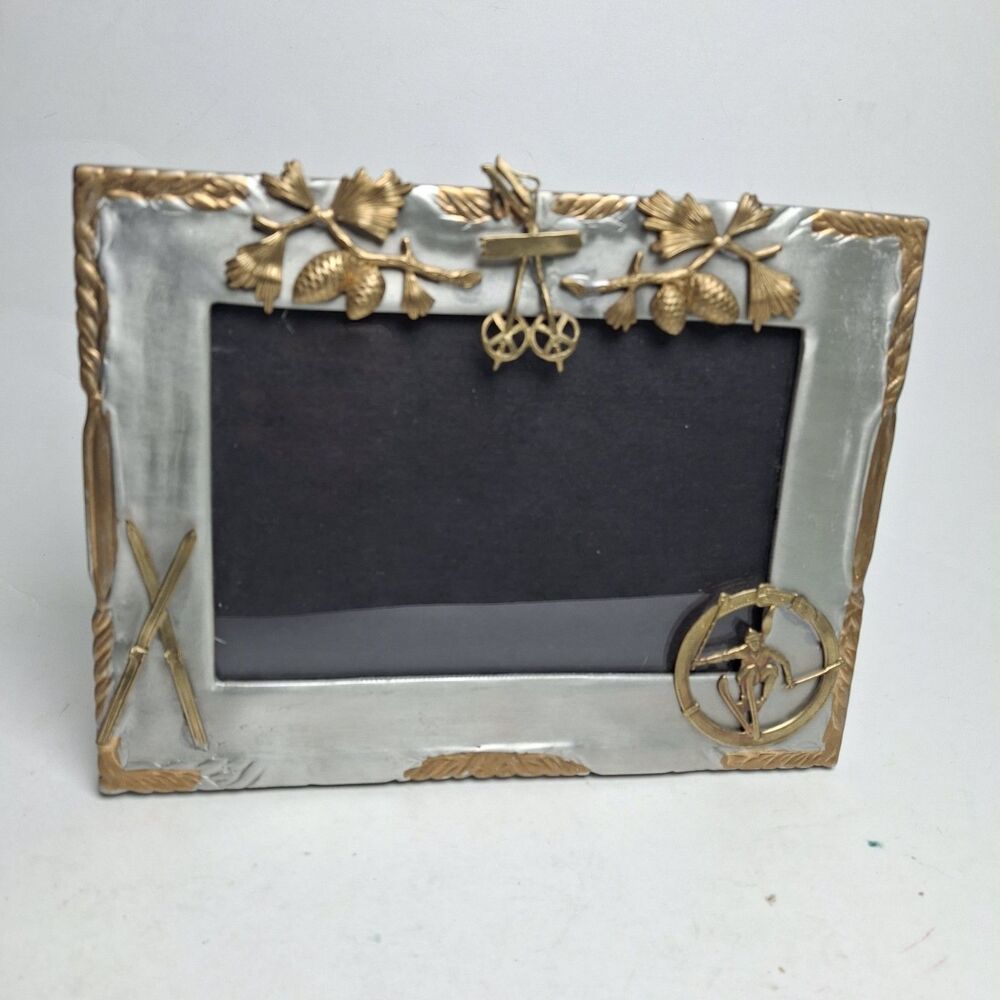 Munafo Silver Pewter Gold Tone Photo Frame 3D Signed 5.5x7.5" Alpine Skiing Gift